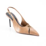 Tan leather slingback high-heeled pump with a pointed toe and gold chain ornament on the vamp.
