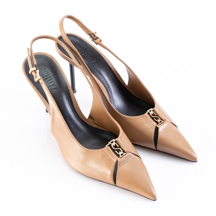 Tan slingback high-heeled shoes with pointed toes and gold buckle detail, viewed from above.