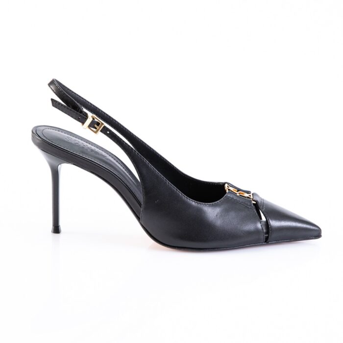 Black slingback high-heeled pump with a pointed toe and gold buckle detail.
