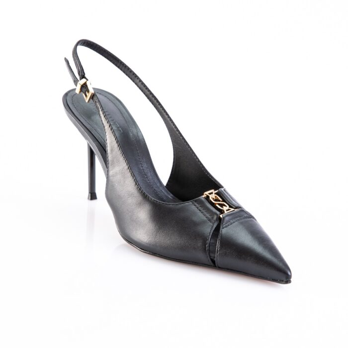 Black slingback high-heeled pump with a gold chain accent on the toe cap