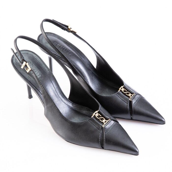 Black leather pointed-toe slingback heels with a gold chain ornament on the toe
