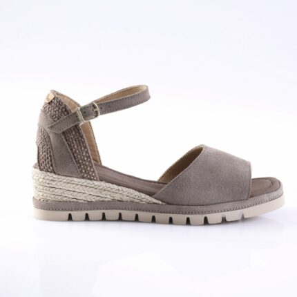Taupe suede wedge sandal with an ankle strap, open toe, and braided rope heel detail (women's shoe). This product features a buckle strap and a textured back panel.