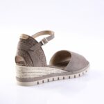 Taupe suede sandal with an ankle strap, open toe, and braided rope-wrapped sole shown from the side.