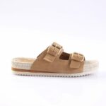 Tan suede double-buckle slide sandal with a rope-wrapped espadrille-style sole
