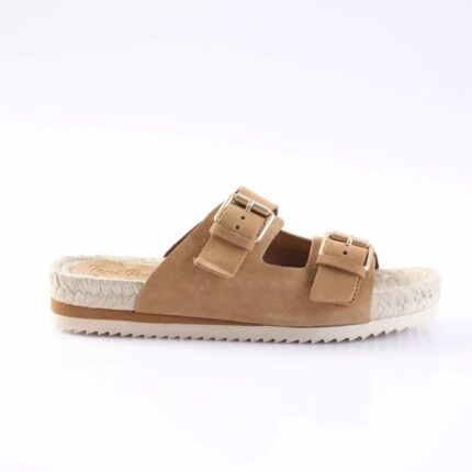 Tan suede double-buckle slide sandal with a rope-wrapped espadrille-style sole