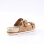 Tan suede slide sandal with two buckle straps and a rope-wrapped sole.