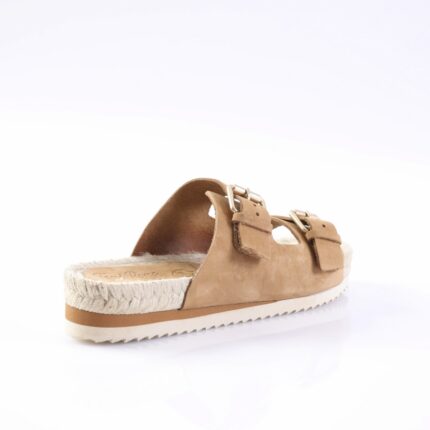 Tan suede slide sandal with two buckle straps and a rope-wrapped sole.