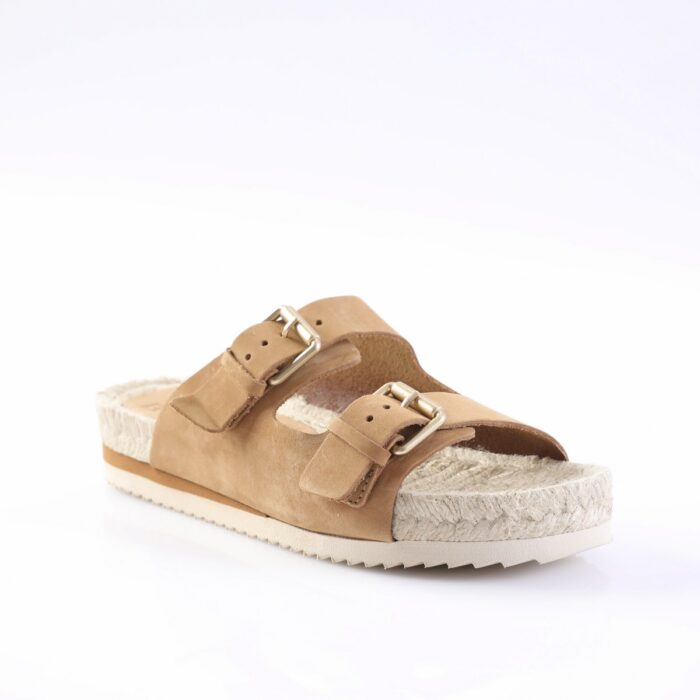 Tan two-strap leather sandal with metal buckles and a rope-textured espadrille-style sole,