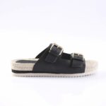 Black double-strap slide sandal with two buckles and a woven espadrille-style sole.