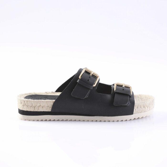 Black double-strap slide sandal with two buckles and a woven espadrille-style sole.