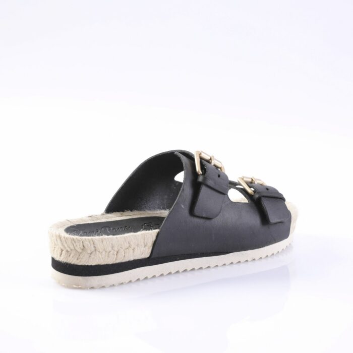 Black two-strap slide sandal with gold buckles and a rope-wrapped espadrille-style sole on a white background.