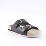 Black double-strap sandal with gold buckles and a woven espadrille-style sole