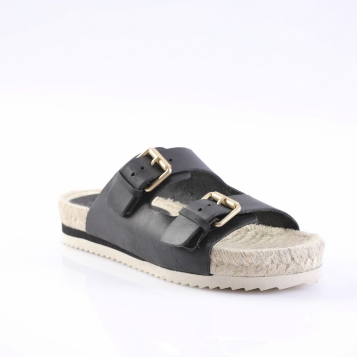 Black double-strap sandal with gold buckles and a woven espadrille-style sole