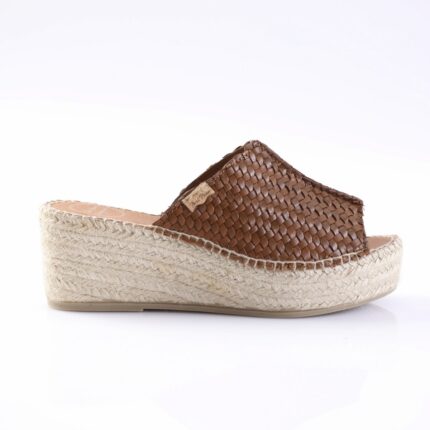 Brown woven leather wedge sandal with a jute-stitched platform, shown from the side.