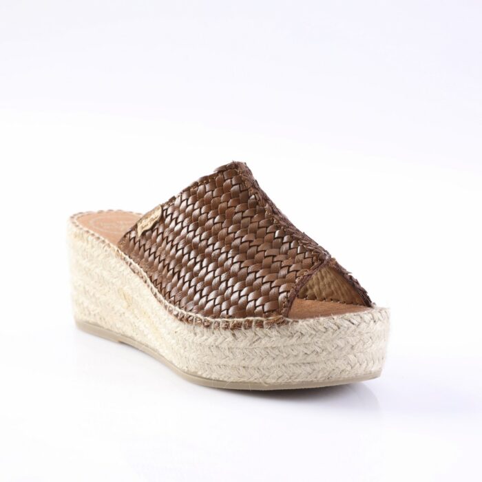 Brown woven leather espadrille wedge sandal with a jute sole, shown from a front-side angle on a white background.