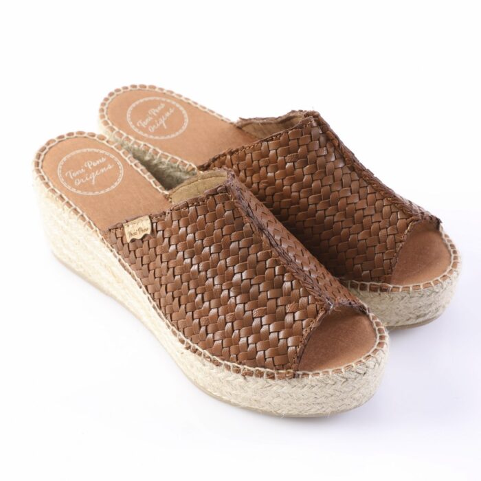 Brown braided leather espadrille sandals with a natural jute sole, open-toe design