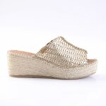 Gold metallic woven espadrille wedge sandal with a jute sole on a white background.
