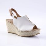 White leather wedge espadrille sandal with beige ankle strap and braided jute sole
