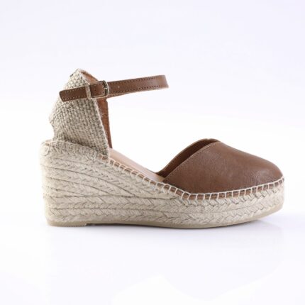 Brown leather peep-toe espadrille wedge with woven jute sole and ankle strap with buckle