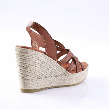 Brown leather wedge sandal with braided espadrille sole, side view