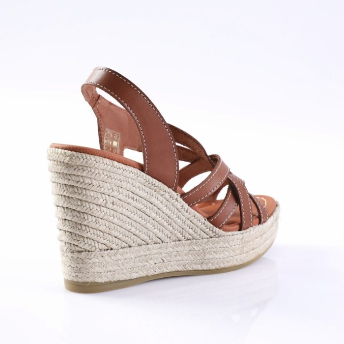 Brown leather wedge sandal with braided espadrille sole, side view