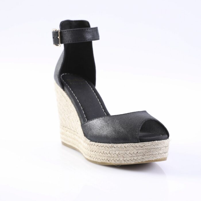 Black open-toe ankle-strap wedge sandal with a braided rope espadrille sole and buckle strap.
