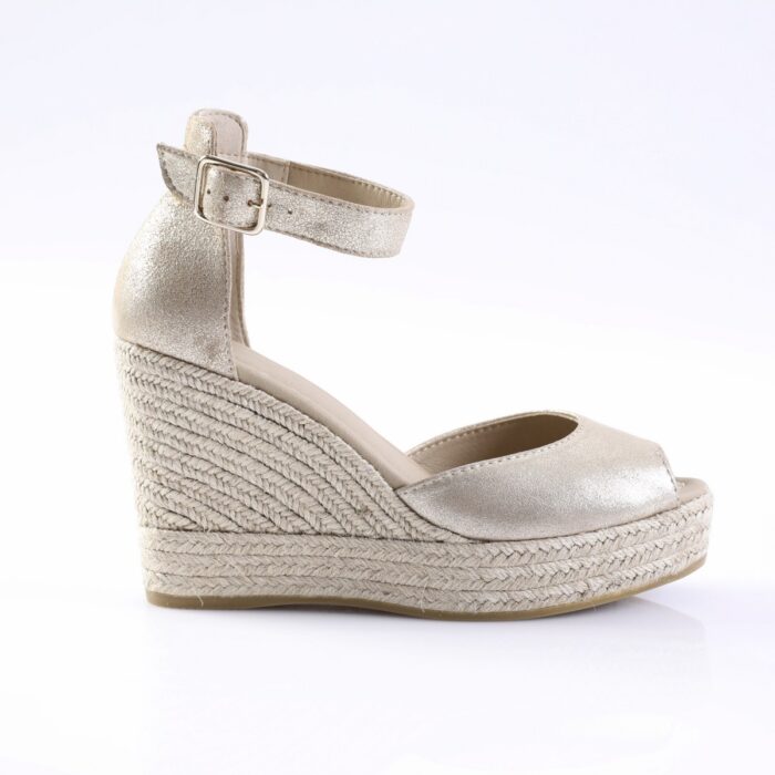 Gold metallic wedge sandal with ankle strap and braided jute platform.