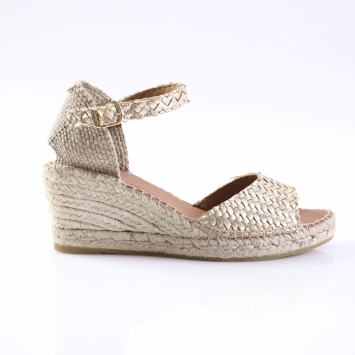 Gold-toned woven espadrille wedge sandal with ankle strap and buckle