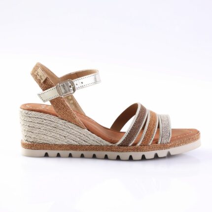 Silver and bronze wedge sandal with braided rope heel, metallic straps, and ankle buckle.