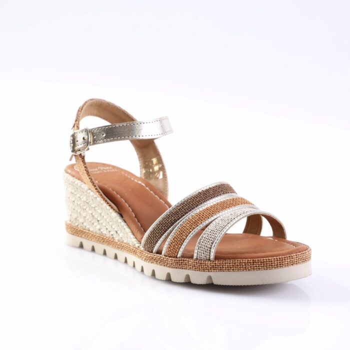 Metallic wedge sandal with braided espadrille heel and strappy front, ankle strap with buckle.